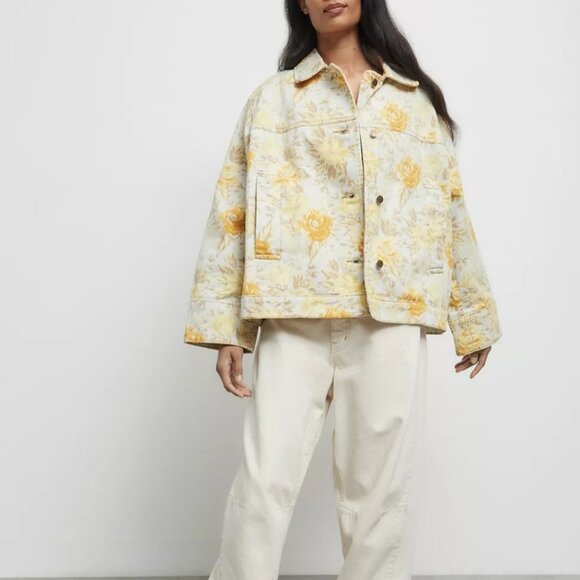 Denim Jacket Yellow Floral Urban Outfitters Shacket NWT Cotton Oversized BDG - Picture 1 of 13